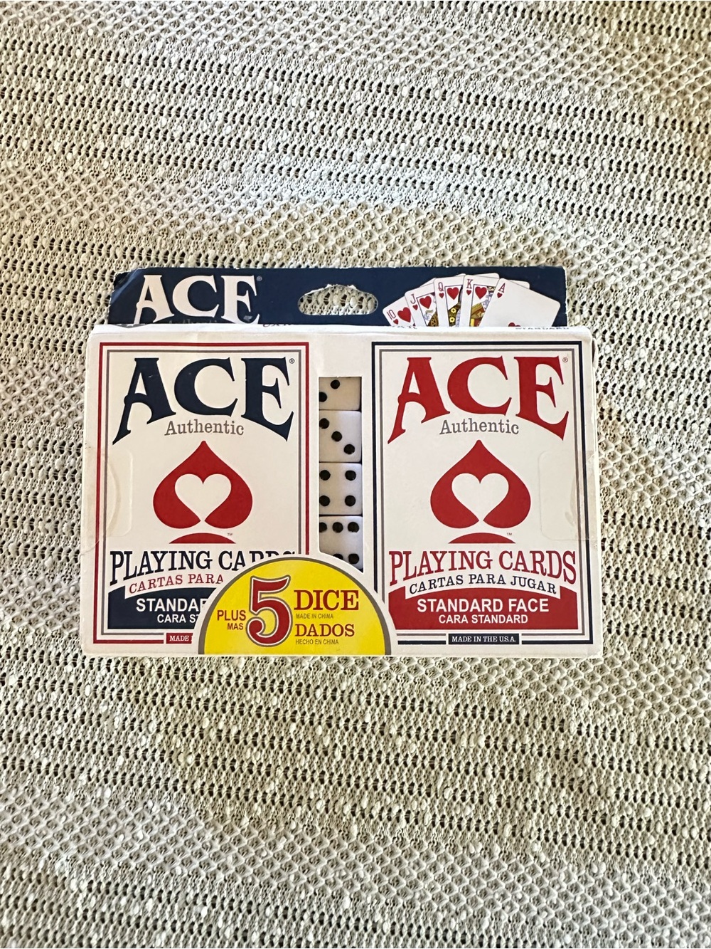 ACE Authentic Playing Cards 2 Sealed Decks + 5 Dice Cartamundi Card Game Set